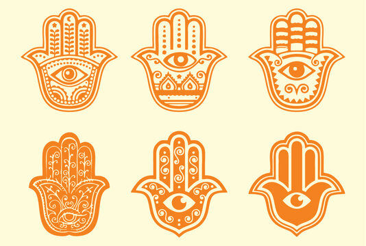 Hamsa hand set, Hand of Fatima, amulet, symbol of protection from devil eye. Decorative pattern in oriental style for interior decoration and henna drawings.Editable vector, eps 10.