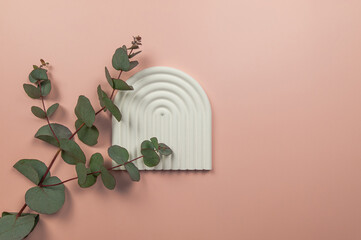Top view of eucalyptus leaves and white arch tray on pink background. Geometric abstract shape for cosmetic product presentation. Copy space.