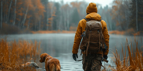 A man and his dog enjoy peaceful fishing by a lake in the middle of nature. - Powered by Adobe