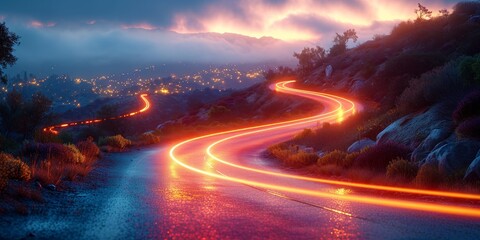 A winding night road with easy car trails, conveying the beauty of the mountain landscape. - obrazy, fototapety, plakaty