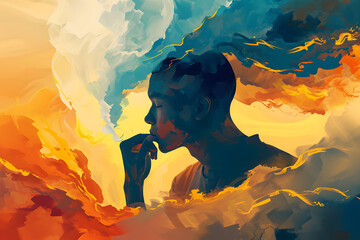 Abstract illustration depicting a man immersed in thought, surrounded by colorful, cloudy clouds. Symbolizing the concept of creative thinking and generating ideas. A man thinking illustration. - obrazy, fototapety, plakaty