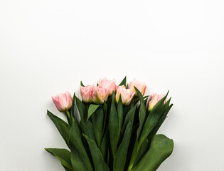 Top view of pink tulips on white background. Flowers bouquet flat lay. Copy space.