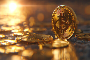 The use of shadows and lighting effects in the 3D render adds depth and dimension to the Bitcoin, creating a visually striking representation