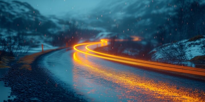 Dynamic city night scene with blurred car headlights on a wet highway creating an abstract background.