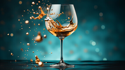 Wine pouring in wineglass on a blue background