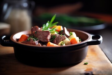 close-up of beef bourguignon in a rustic clay pot