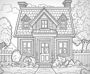 Black and white illustration for coloring natural landscape with house.
