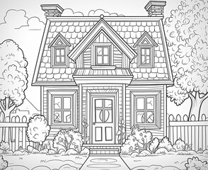 Fototapeta premium Black and white illustration for coloring natural landscape with house.