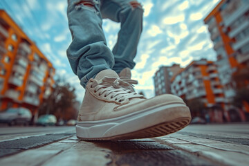 A young guy in white sneakers stands on a city street, personifying an active and fashionable lifestyle, close-up of his legs. - obrazy, fototapety, plakaty