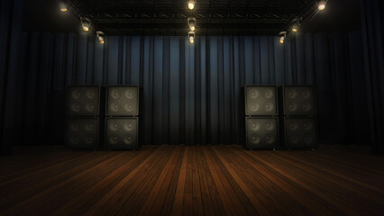 Music stage virtual studio background, with a concert concept. A custom 3D render backdrop, ideal for band shows and lives, online events, product reviews etc. Suitable on VR sets, with green screen - obrazy, fototapety, plakaty
