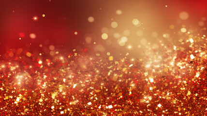 Fototapeta na wymiar Golden glitter bokeh lights on red background. Vector illustration.