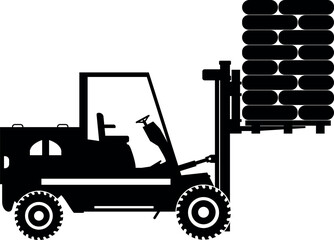 Silhouette of Wheel Forklift with Cargo Icon in Flat Style. Vector Illustration