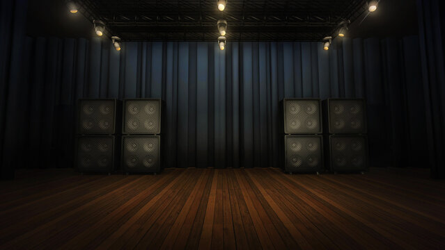 Music stage virtual studio background, with a concert concept. A custom 3D render backdrop, ideal for band shows and lives, online events, product reviews etc. Suitable on VR sets, with green screen