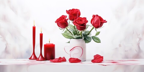 red rose flower with burning candle on white background