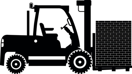 Silhouette of Wheel Forklift with Brick Icon in Flat Style. Vector Illustration