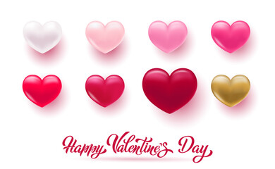 Happy Valentine's Day hand lettering vector. With a beautiful background of 3D hearts. Vector illustration. Text for a card or invitation.