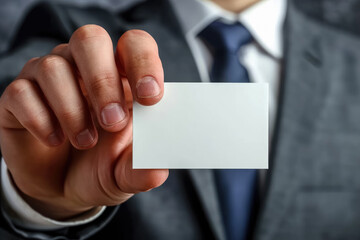 Fototapeta premium Businessman confidently displays a blank business card, emphasizing professionalism and success in a corporate setting