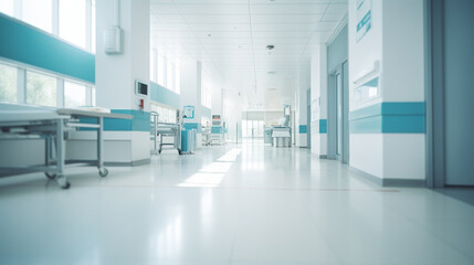 Naklejka na ściany i meble Long hospital bright corridor with rooms and seats 3D rendering