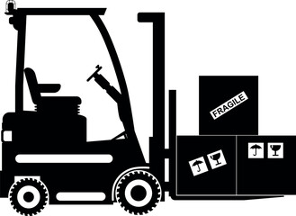 Silhouette of Wheel Forklift with Fragile Cargo Boxes Icon in Flat Style. Vector Illustration