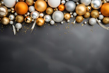 Christmas background made of gold balls,on a gray background