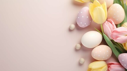 Fototapeta na wymiar Top view photo of colorful easter eggs small baskets ceramic bunnies yellow and pink tulips on isolated pastel beige background with copyspace