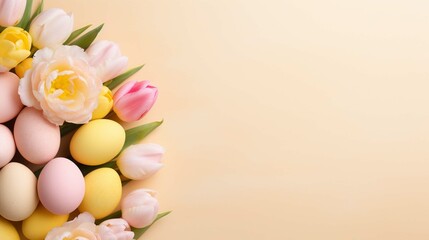 Top view photo of colorful easter eggs small baskets ceramic bunnies yellow and pink tulips on isolated pastel beige background with copyspace