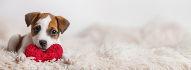 Adorable puppy with a red heart-shaped pillow, representing love or Valentine's Day, against a soft beige background