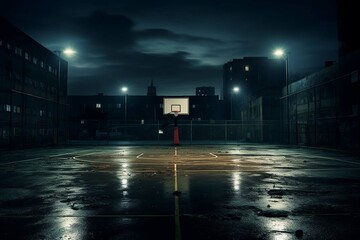 empty basketball court in night city. - obrazy, fototapety, plakaty
