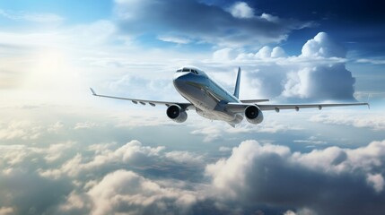 photo realistic jet or plane, flying high, nice sky, clouds, copy space, 16:9
