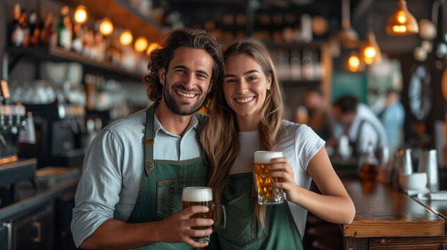 A cheerful male and female bartender in aprons, holding glasses of beer, smile warmly at the camera in a cozy pub setting - Powered by Adobe