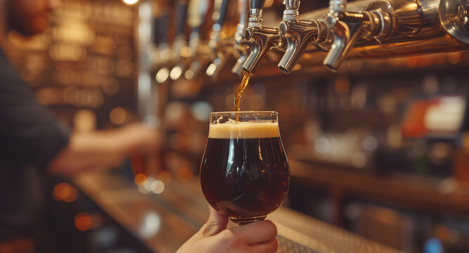 A bartender pours a dark frothy beer into a glass at a bar, capturing a casual social drinking concept