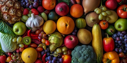 Naklejka na ściany i meble Assortment of fresh colorful fruits and vegetables. Fresh Harvest Medley