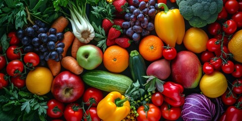 Assortment of fresh colorful fruits and vegetables. Fresh Harvest Medley