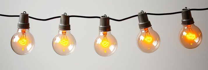 A string of illuminated vintage-style incandescent light bulbs against a plain background, conceptually related to ideas, energy, and decoration