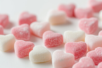 Obraz na płótnie Canvas Assorted pink and white sugar-coated gummy candies in heart shapes scattered on a white background, suggesting Valentine's Day sweetness