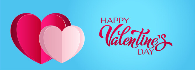 Happy Valentine's Day hand lettering vector. With a beautiful background of 3D hearts. Vector illustration. Text for a card or invitation.