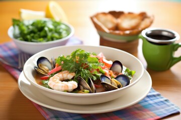cioppino meal with a side salad, focused on the vibrant colors