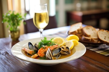 cioppino served with crusty bread, a glass of white wine, and lemons