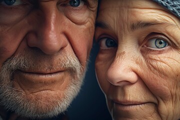 
Face, eyes and closeup of old couple with wrinkles on skin for natural aging process in retirement