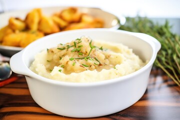 creamy mashed potatoes with gravy in a white bowl