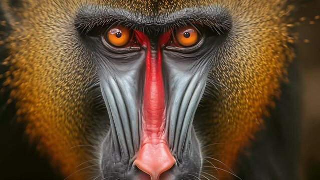 Closeup of a female mandrills striking red and orange face her intense gaze directed towards the camera highlighting the beauty of her species unique coloration