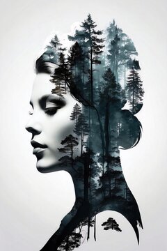 AI-Generated Double Exposure: Woman and Forest - Ethereal Digital Artwork
