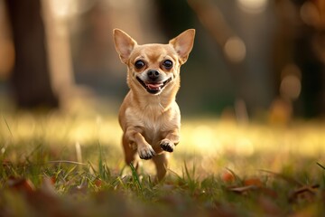 A small chihuahua dog runs happily ahead. 