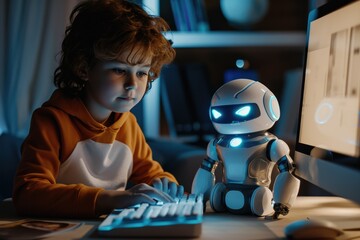 Child using system AI Chatbot in computer or mobile application. Chatbot conversation, Ai Artificial Intelligence technology. 