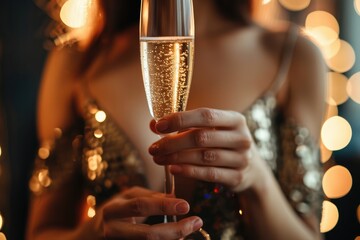 Close up of woman hands with champagne glass.
