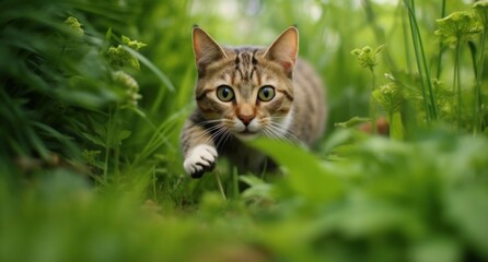 cat chasing a mouse in the grass.
