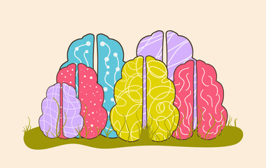 Group of different human brains on grass. Neurodiversity symbol. Brainstorming, creative thinking sign. Colorful human minds metaphor. Vector illustration