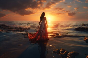 
Female standing on the sea shore admiring the spectacular sunset photography