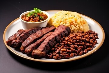 Brazilian northeasts typical dish: sundried meat with beans, rice, farofa, cassava, and vinaigrette.