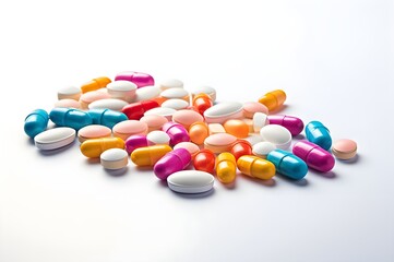Different pills isolated on white background. Generative AI 